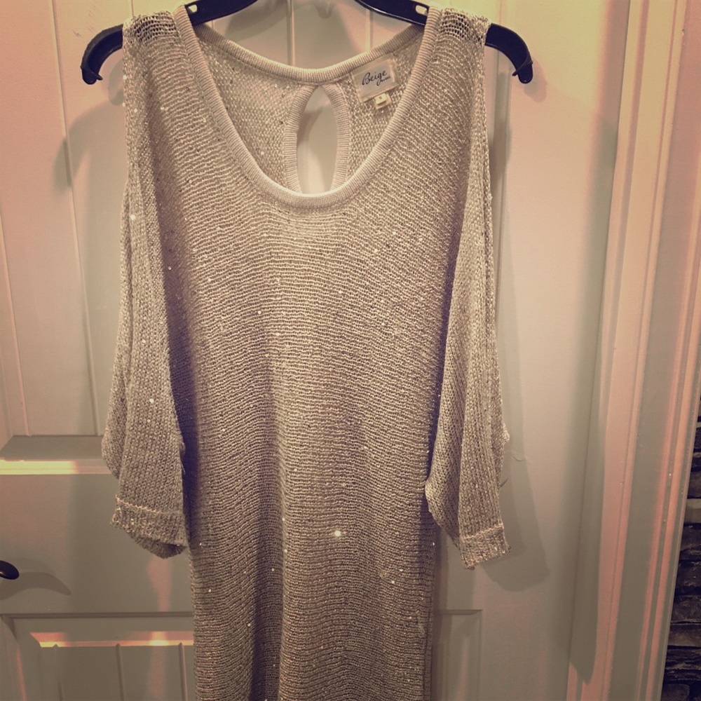 Sexy beige rhinestone dress with shoulder cut